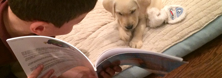 boy reading Grumps book by a fireplace with his dog 